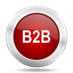 b2b icon, red round glossy metallic button, web and mobile app design illustration