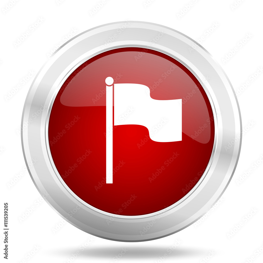 Poster flag icon, red round glossy metallic button, web and mobile app design illustration