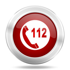 emergency call icon, red round glossy metallic button, web and mobile app design illustration