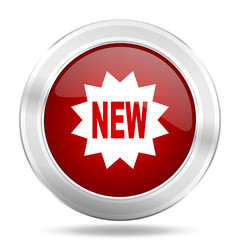 new icon, red round glossy metallic button, web and mobile app design illustration