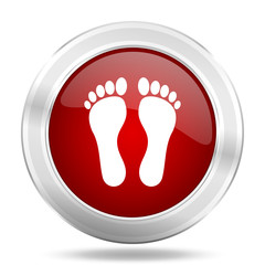 foot icon, red round glossy metallic button, web and mobile app design illustration