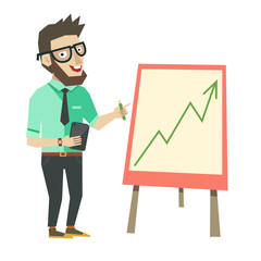 Vector character in flat style. Modern businessman doing a presentation. Smart man showing a graph or presenting growing business