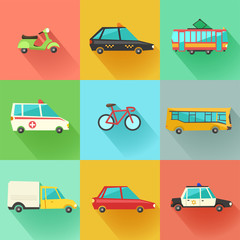 Transport flat vector icons. 9 colorful urban city vehicles including tram, ambulance, taxi cab, police car.
