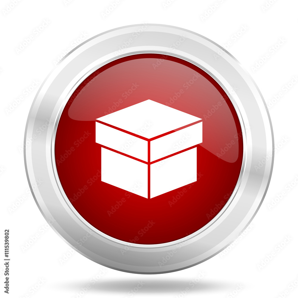 Poster box icon, red round glossy metallic button, web and mobile app design illustration