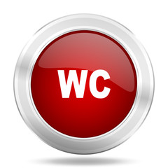 toilet icon, red round glossy metallic button, web and mobile app design illustration