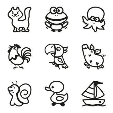 Easy Coloring drawings of animals for little kids. icon set
