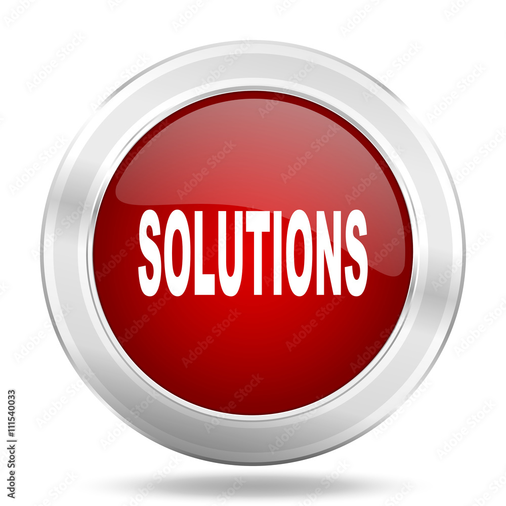 Poster solutions icon, red round glossy metallic button, web and mobile app design illustration
