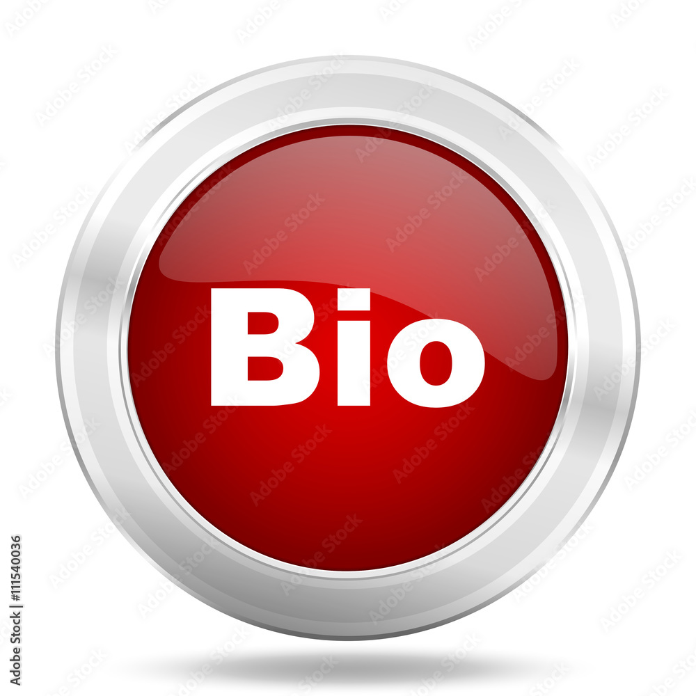 Aufkleber bio icon, red round glossy metallic button, web and mobile app design illustration