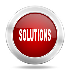 solutions icon, red round glossy metallic button, web and mobile app design illustration