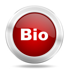 bio icon, red round glossy metallic button, web and mobile app design illustration
