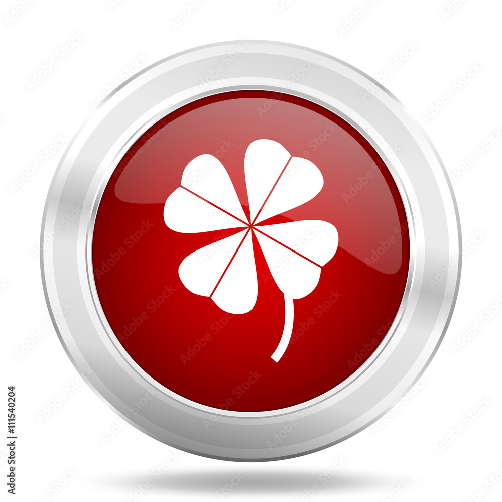 Aufkleber four-leaf clover icon, red round glossy metallic button, web and mobile app design illustration