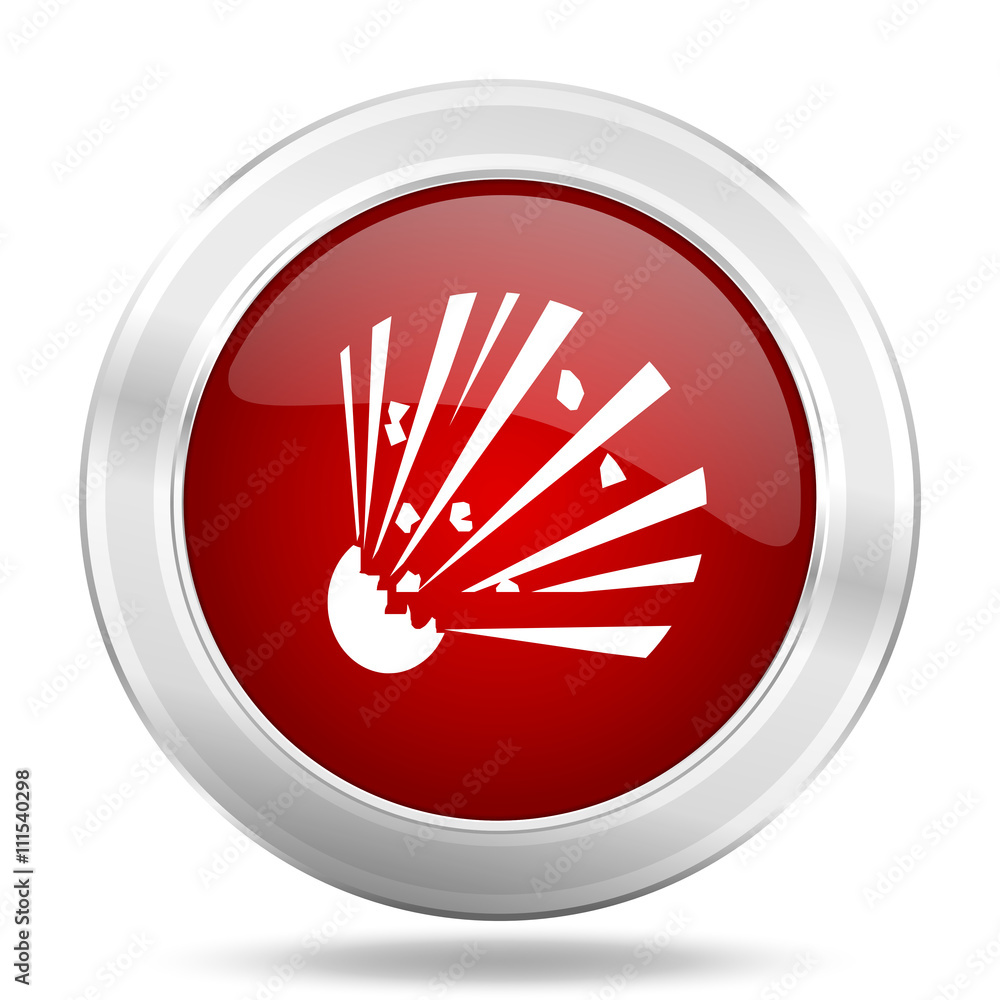 Poster bomb icon, red round glossy metallic button, web and mobile app design illustration