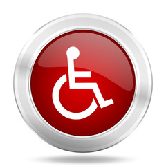 wheelchair icon, red round glossy metallic button, web and mobile app design illustration