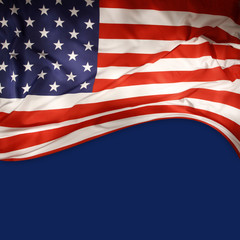 American flag on blue. Copy space