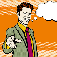 Businessman with hand pointing finger. Vector business concept in pop art style