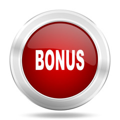 bonus icon, red round glossy metallic button, web and mobile app design illustration