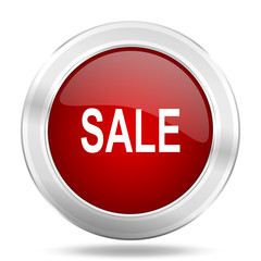 sale icon, red round glossy metallic button, web and mobile app design illustration