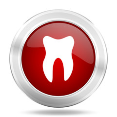 tooth icon, red round glossy metallic button, web and mobile app design illustration