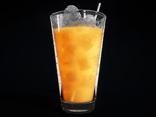  Cocktail with fresh organic orange juice and ice cubes in a tall glass isolated  on a black background. 3d rendering