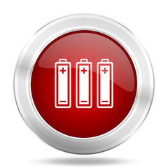 battery icon, red round glossy metallic button, web and mobile app design illustration