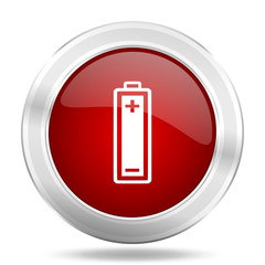 battery icon, red round glossy metallic button, web and mobile app design illustration