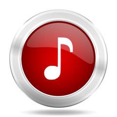 music icon, red round glossy metallic button, web and mobile app design illustration