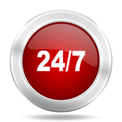 24/7 icon, red round glossy metallic button, web and mobile app design illustration