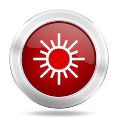 sun icon, red round glossy metallic button, web and mobile app design illustration