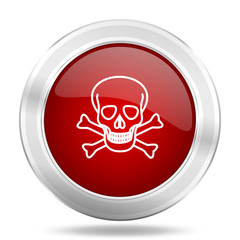 skull icon, red round glossy metallic button, web and mobile app design illustration