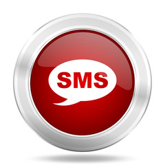 sms icon, red round glossy metallic button, web and mobile app design illustration