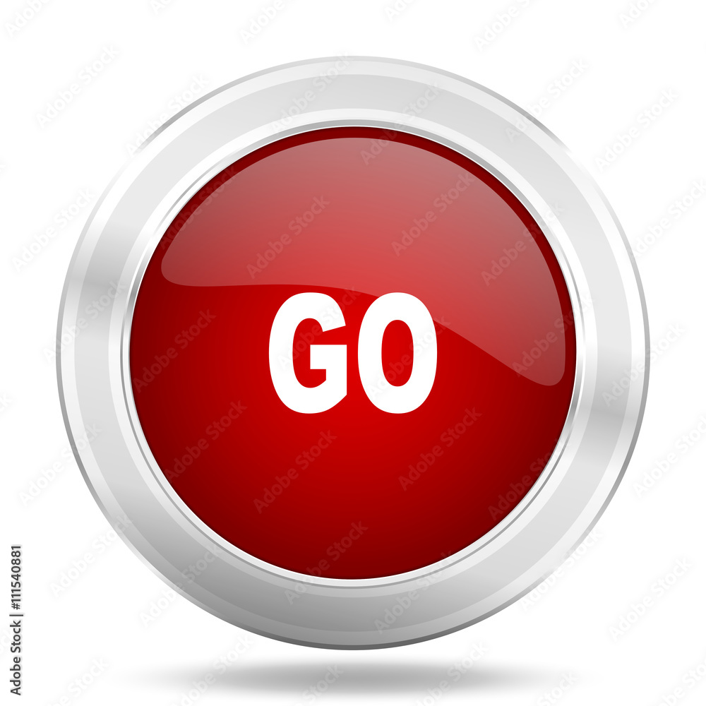 Poster go icon, red round glossy metallic button, web and mobile app design illustration