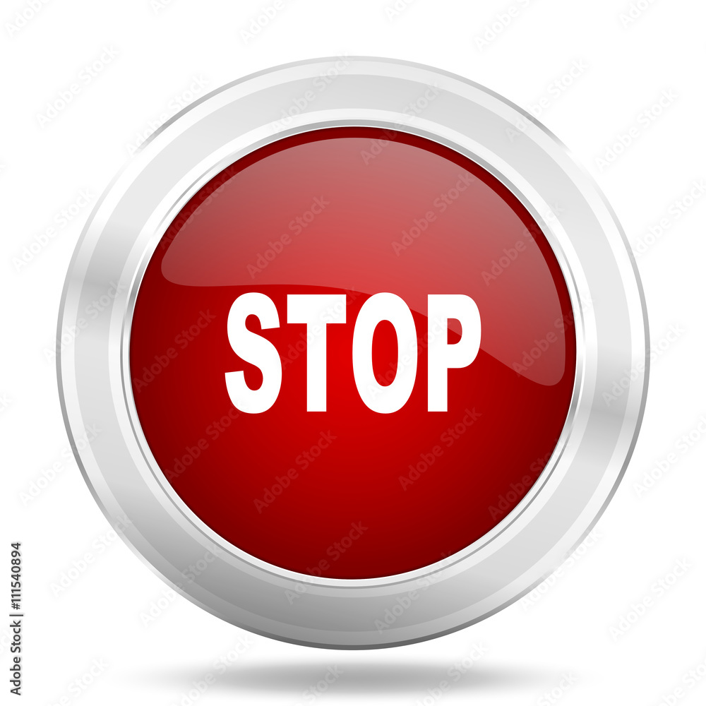 Aufkleber stop icon, red round glossy metallic button, web and mobile app design illustration