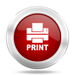 printer icon, red round glossy metallic button, web and mobile app design illustration