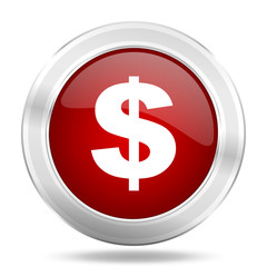 dollar icon, red round glossy metallic button, web and mobile app design illustration