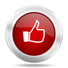 like icon, red round glossy metallic button, web and mobile app design illustration