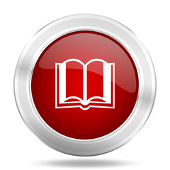book icon, red round glossy metallic button, web and mobile app design illustration