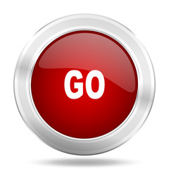 go icon, red round glossy metallic button, web and mobile app design illustration