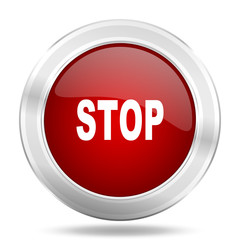 stop icon, red round glossy metallic button, web and mobile app design illustration