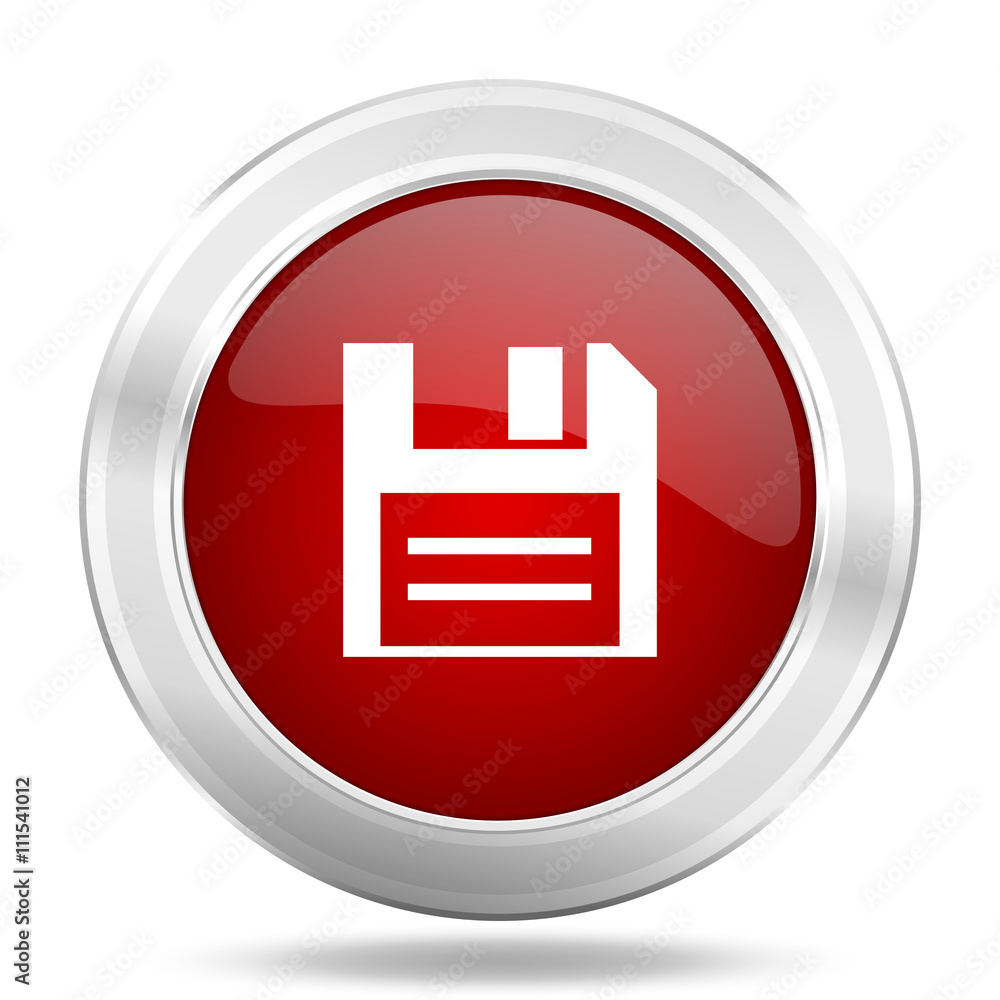 Poster disk icon, red round glossy metallic button, web and mobile app design illustration