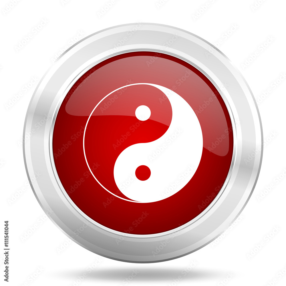 Poster ying yang icon, red round glossy metallic button, web and mobile app design illustration