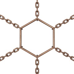 Metallic hexagon hanging on chain isolated on white background.