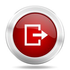 exit icon, red round glossy metallic button, web and mobile app design illustration