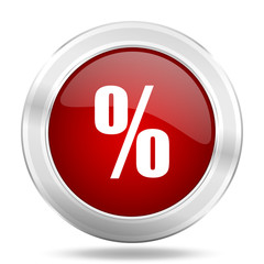 percent icon, red round glossy metallic button, web and mobile app design illustration