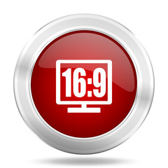 16 9 display icon, red round glossy metallic button, web and mobile app design illustration