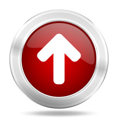 up arrow icon, red round glossy metallic button, web and mobile app design illustration