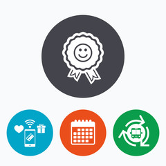 Award smile icon. Happy face symbol.
