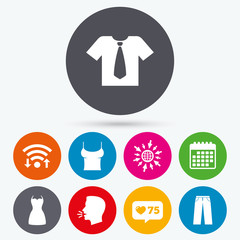 Clothes signs. T-shirt with tie and pants.