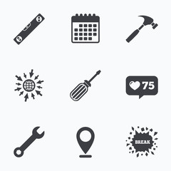 Screwdriver and bubble level, hammer.