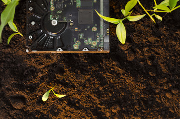 Ecology and technology concept/e-waste, technology becoming natural
