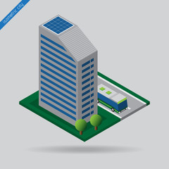 isometric city - bus on road, building and trees
